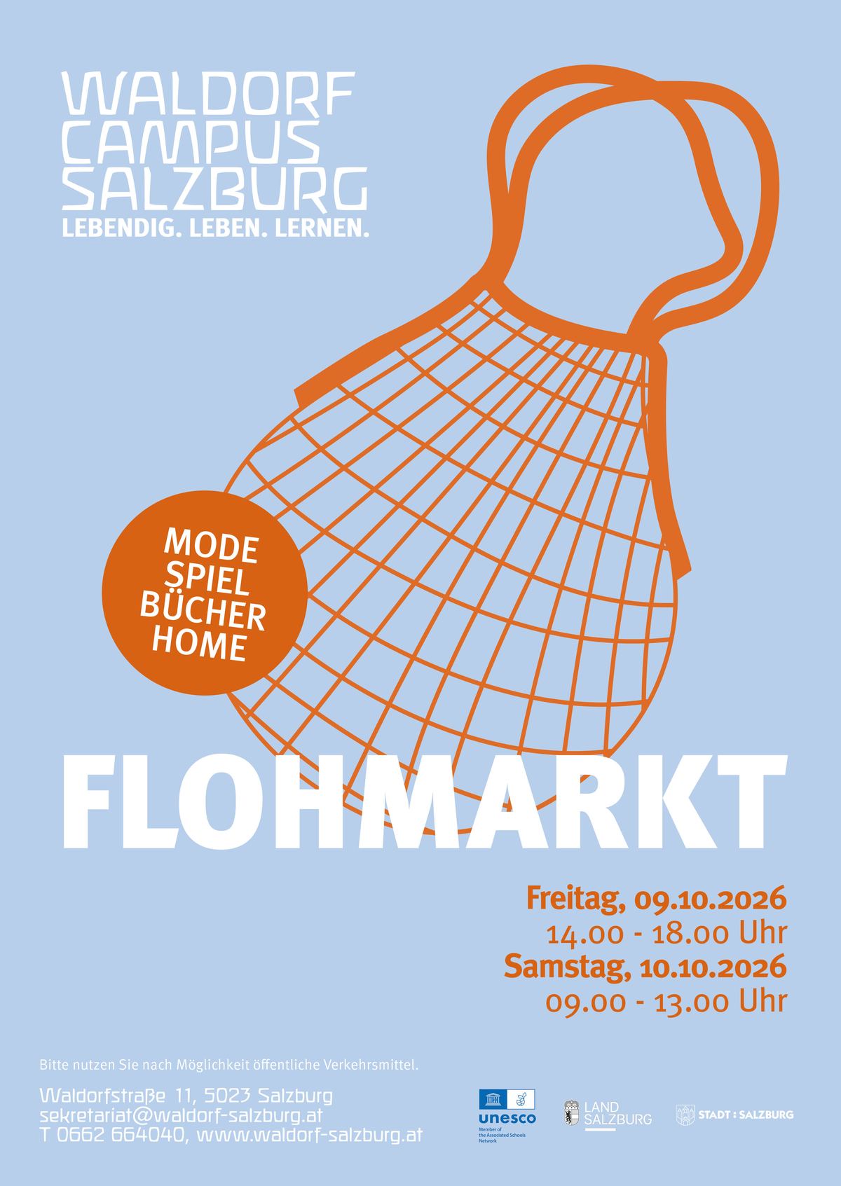 Plakat Flohmarkt am Waldorf Campus Salzburg: Freitag 9. Oktober 2026, 14 bis 18 Uhr, und Samstag 10. Oktober 2026, 9 bis 13 Uhr