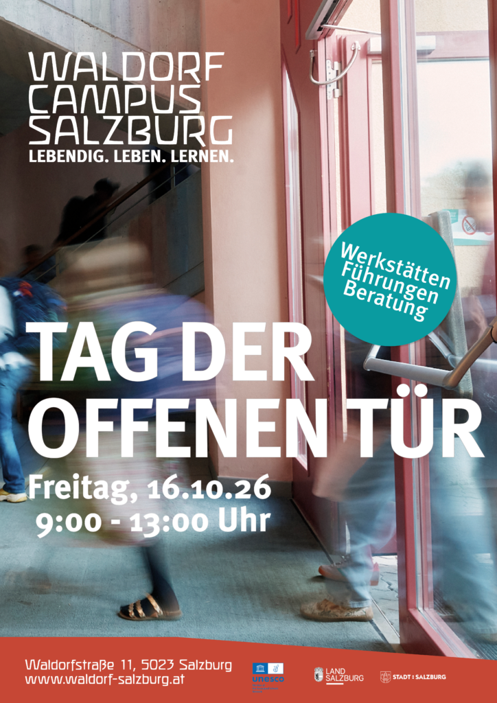 Plakat Tag der offenen Tür am Waldorf Campus Salzburg, Freitag 16. Oktober 2026, 9 bis 13 Uhr