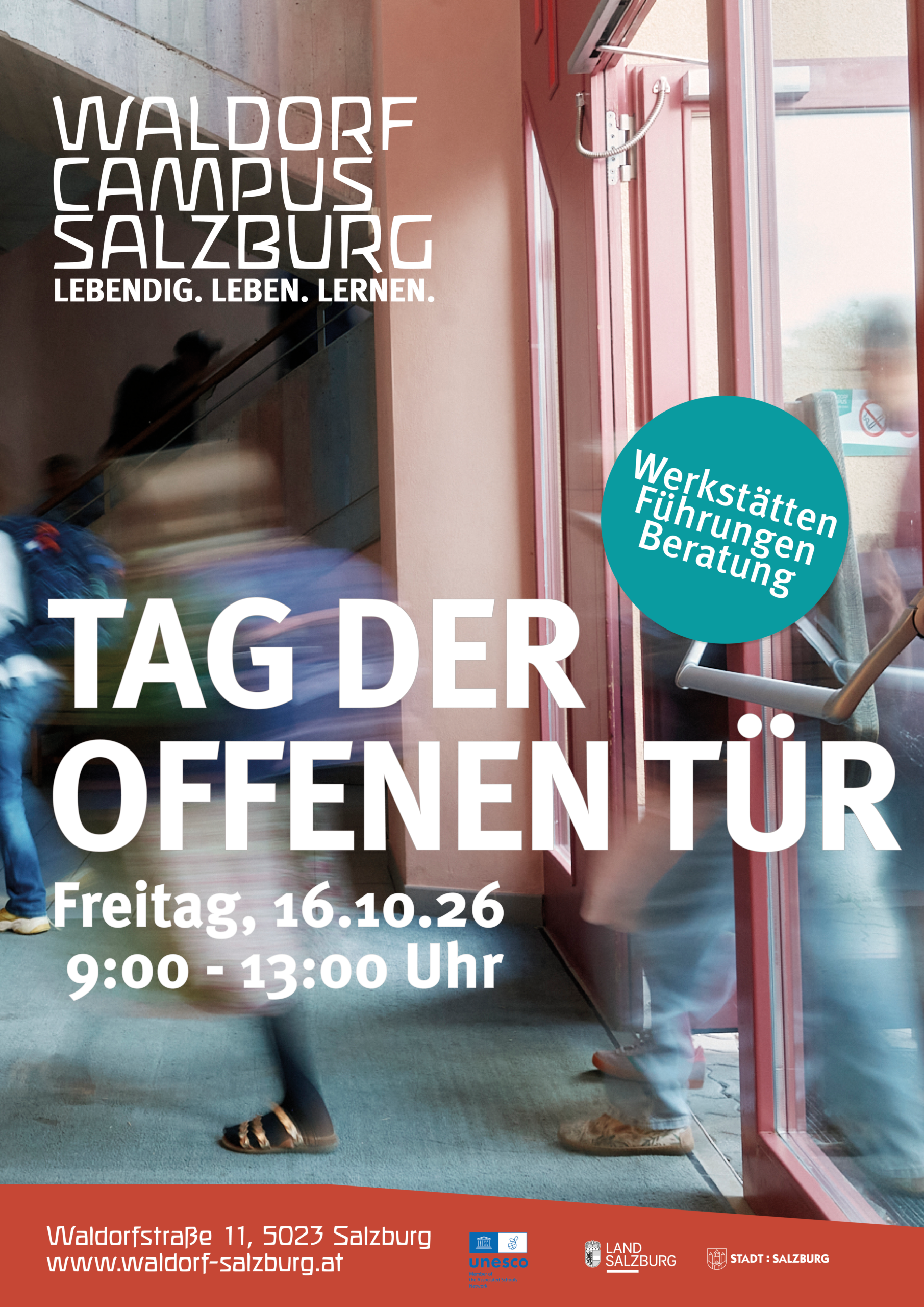 Plakat Tag der offenen Tür am Waldorf Campus Salzburg, Freitag 16. Oktober 2026, 9 bis 13 Uhr